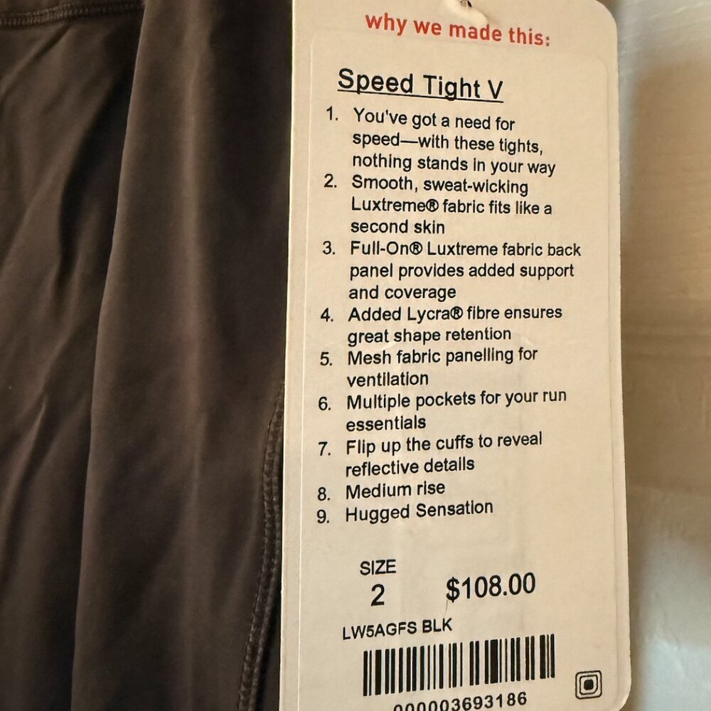 Lululemon Speed Tight V Black Running Leggings Size 2 NWT